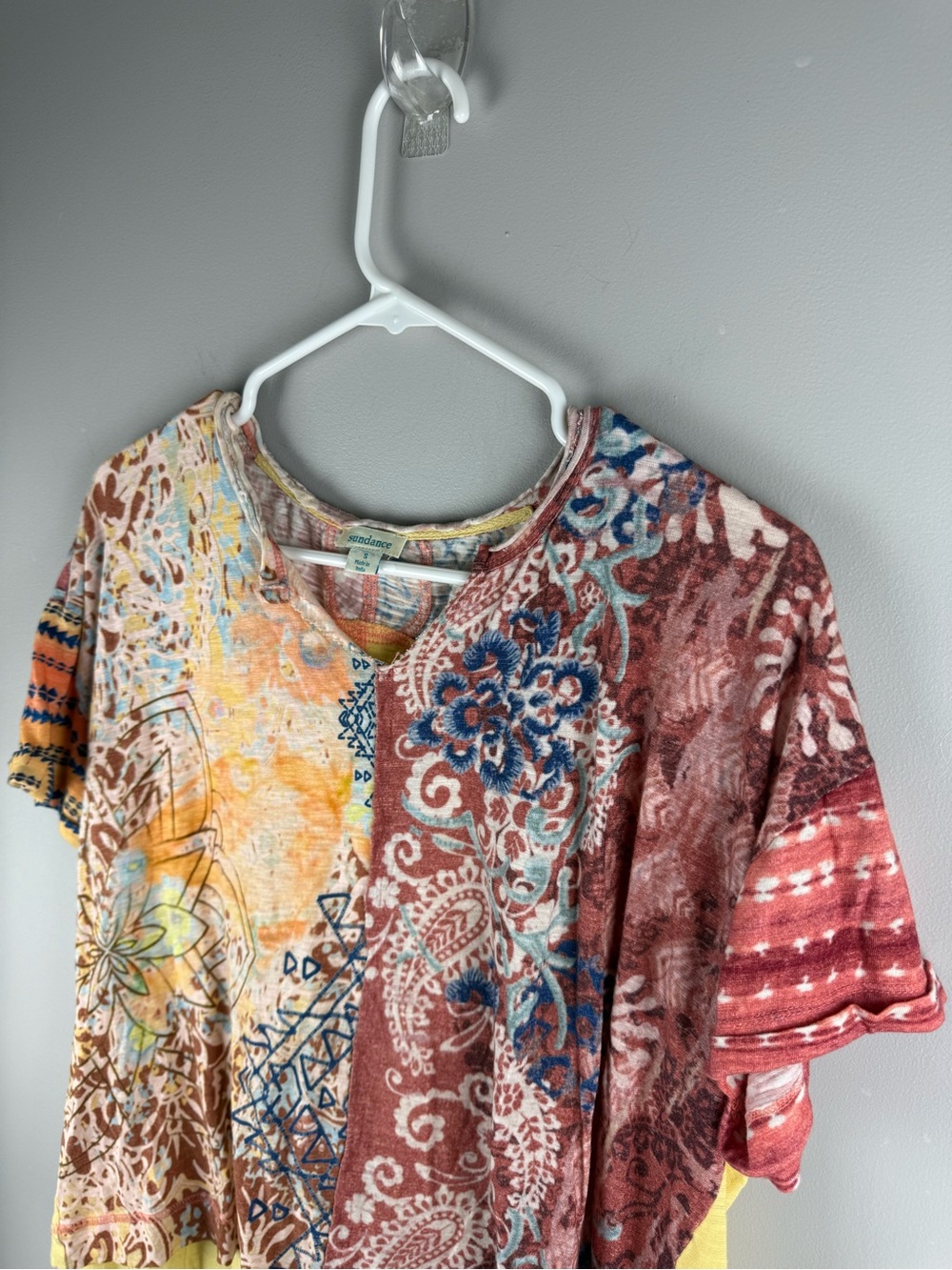 Sundance Catalog Sunflower Paisley Short Sleeve Patchwork Shirt SZ S Colorful